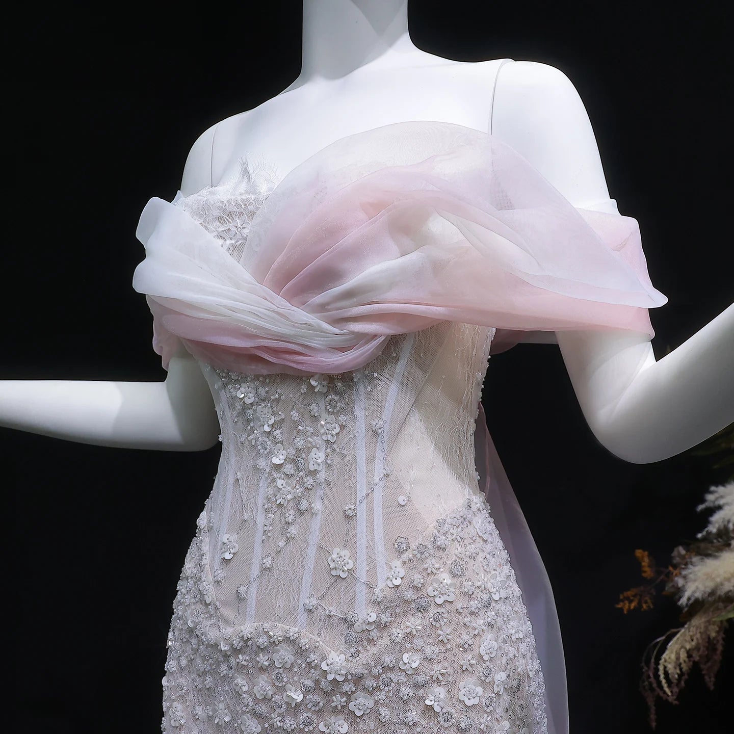 Blush Pink Off-Shoulder Sequined Evening Gown with Cape — GCC Wedding Formal — Riviera Couture GCC Luxury Evening Gown