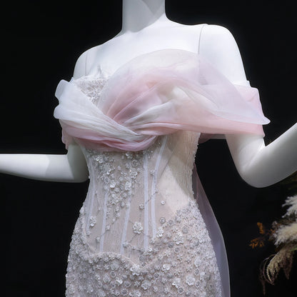 Blush Pink Off-Shoulder Sequined Evening Gown with Cape — GCC Wedding Formal — Riviera Couture GCC Luxury Evening Gown