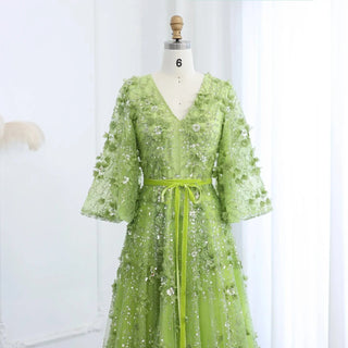 Plunging V-neck Green 3D Embroidered Flowers Evening Dress - Riviera Couture