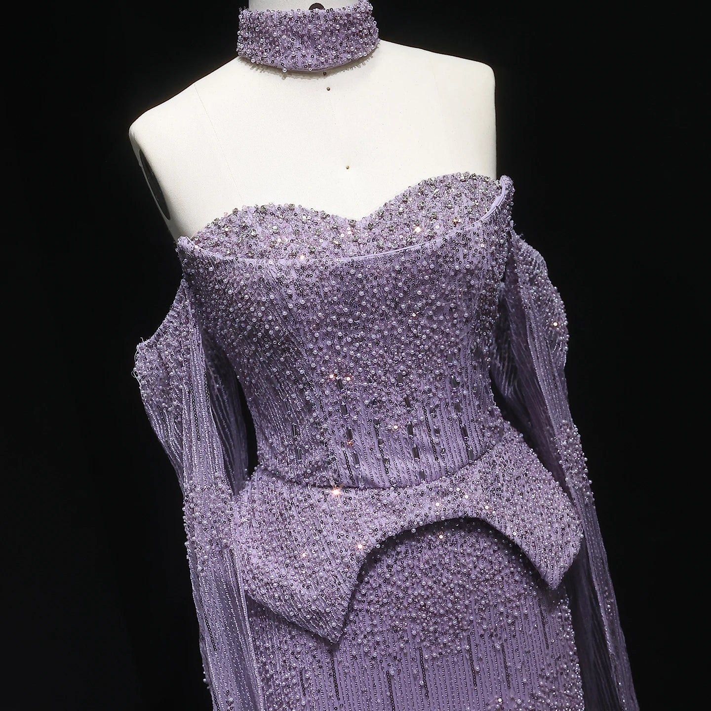 Gold Grey Crystal Off-Shoulder Evening Gown with Cape Sleeves — 2026 — Riviera Couture GCC Luxury Evening Gown