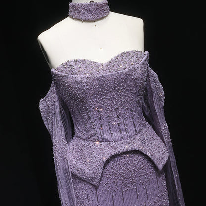 Gold Grey Crystal Off-Shoulder Evening Gown with Cape Sleeves — 2026 — Riviera Couture GCC Luxury Evening Gown
