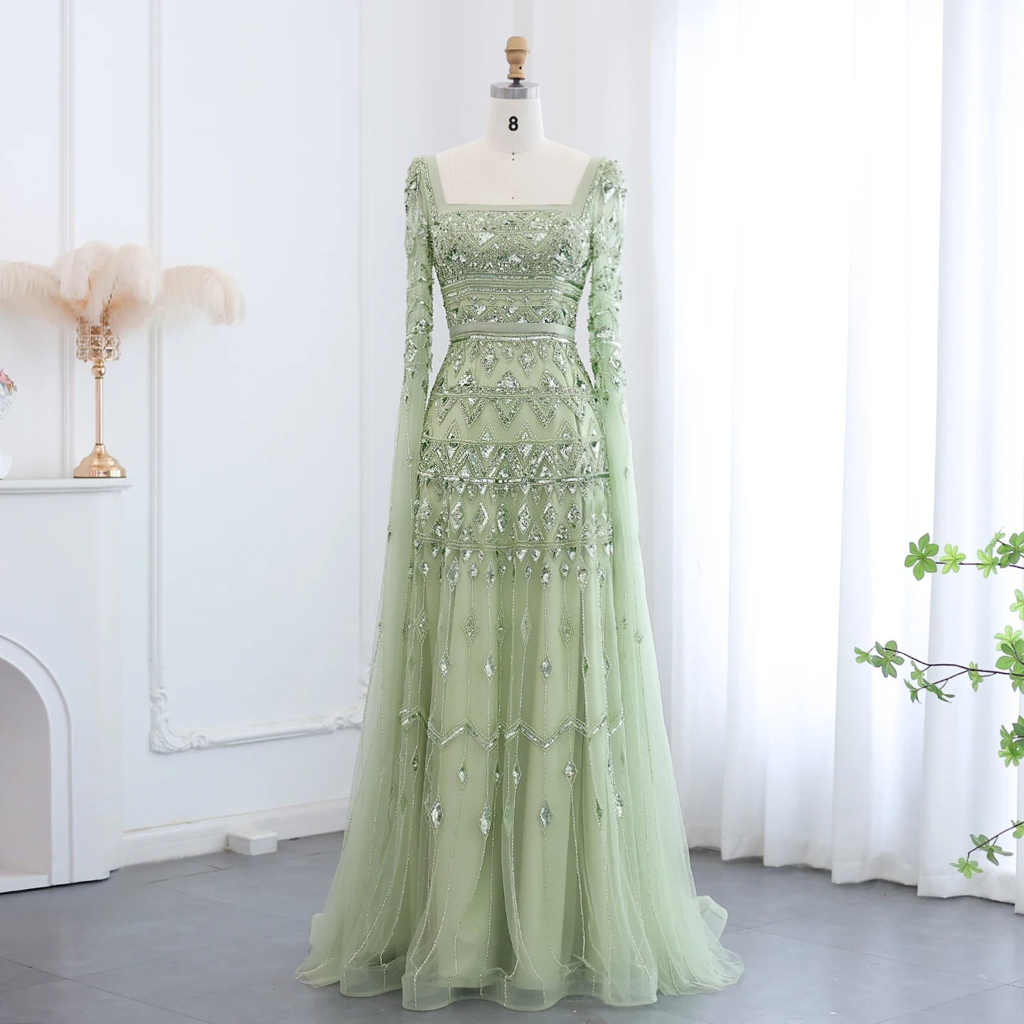 Sage Green Wine Red Burgundy Evening Gown with Cape Sleeve — Arabic Luxury 2026 — Riviera Couture GCC Luxury Evening Gown