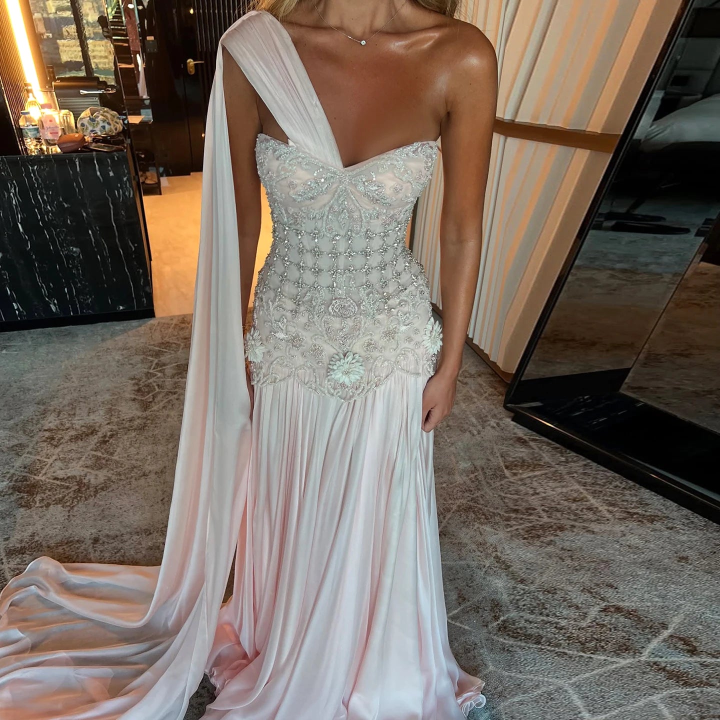 Blush Pink One-Shoulder A-Line Evening Gown with Cape — 3D Flowers Crystal — Riviera Couture GCC Luxury Evening Gown
