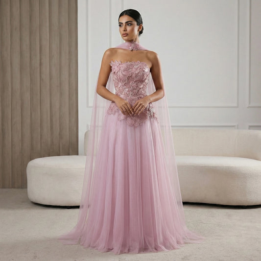 Pink A-Line Evening Gown with Scarf — Appliqué Beaded GCC Formal — Riviera Couture GCC Luxury Evening Gown