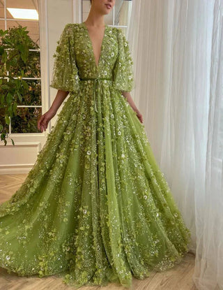 Plunging V-neck Green 3D Embroidered Flowers Evening Dress - Riviera Couture