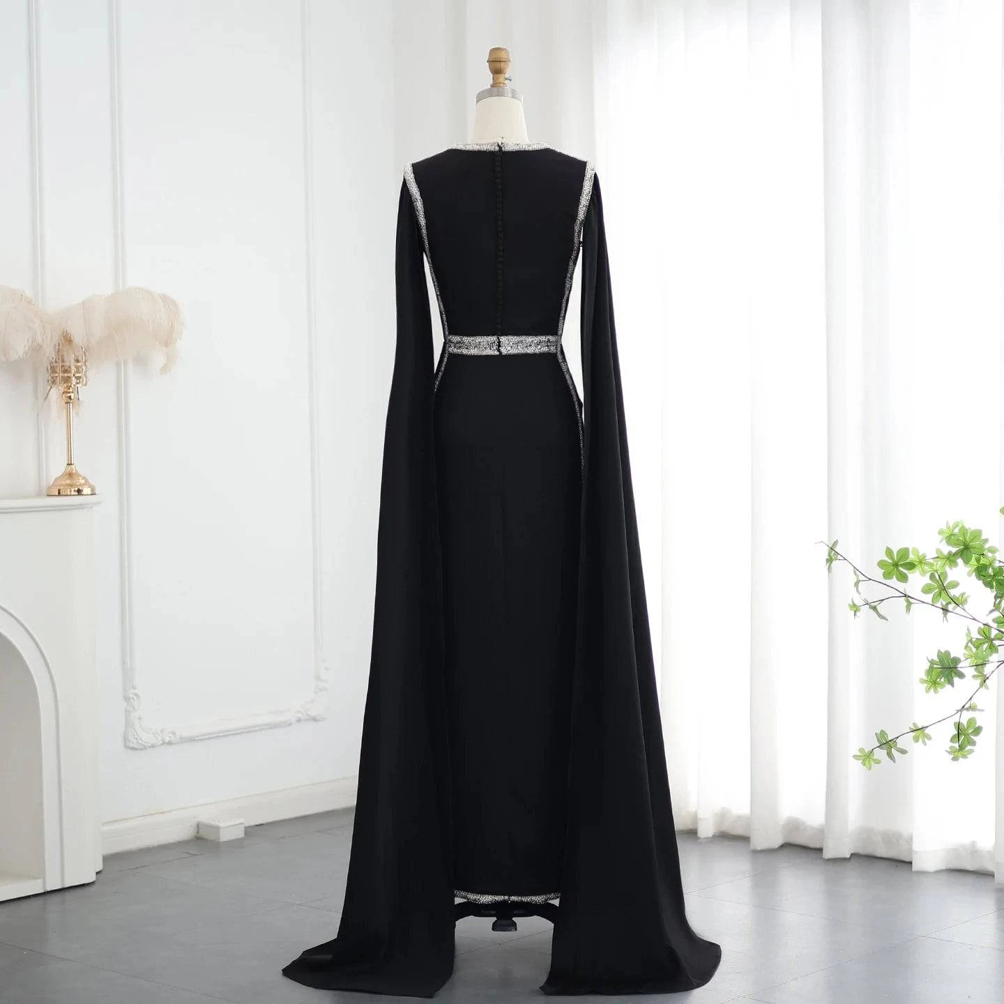 Beaded Black Elegant Evening Dress with Cape Sleeves - Riviera Couture