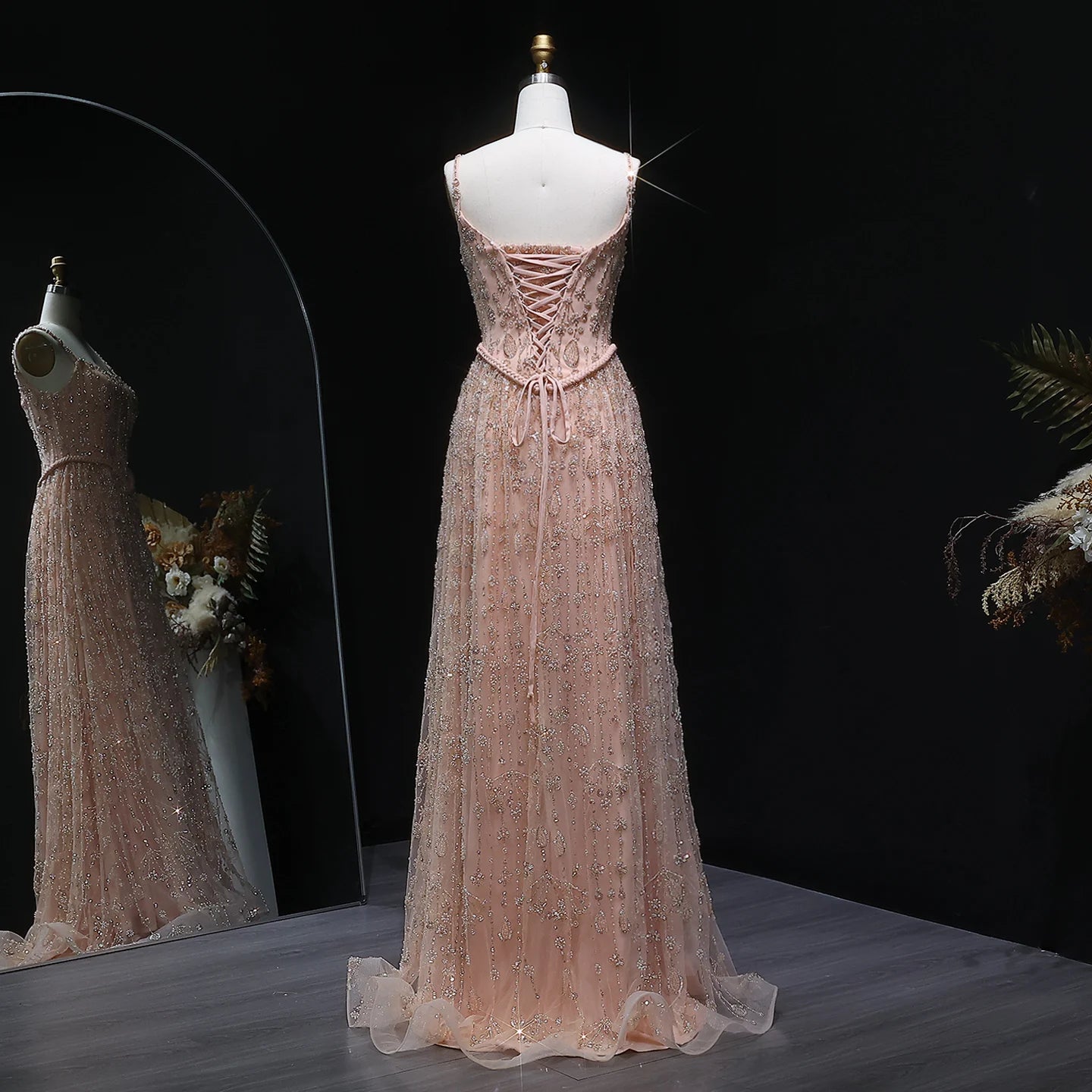 Nude Long Sleeves Sage Green Spaghetti Strap Evening Gown — Arabic Luxury 2026 — Riviera Couture GCC Luxury Evening Gown