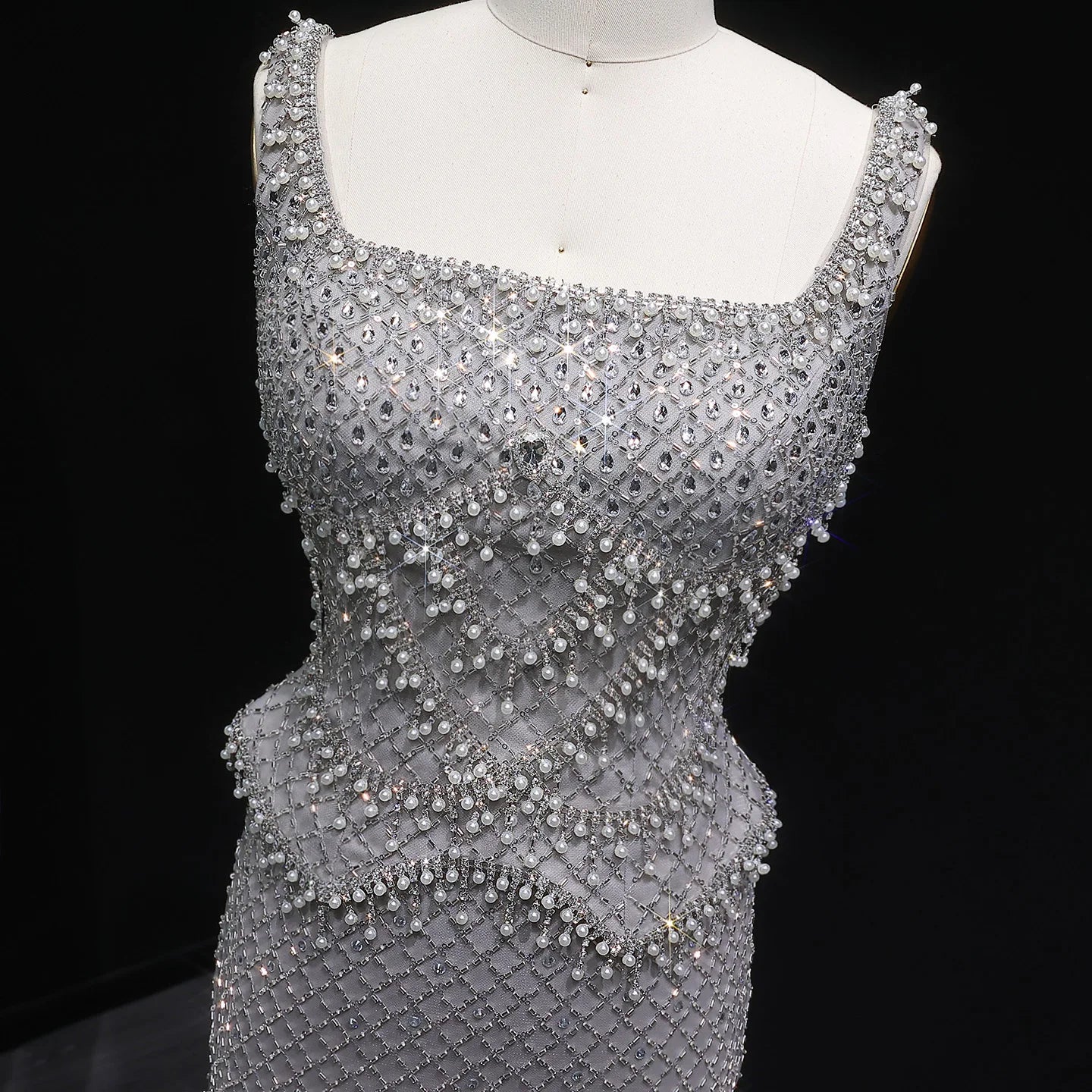 Champagne Gray Straight Evening Gown with Straps — Dubai Arabic Luxury Formal — Riviera Couture GCC Luxury Evening Gown