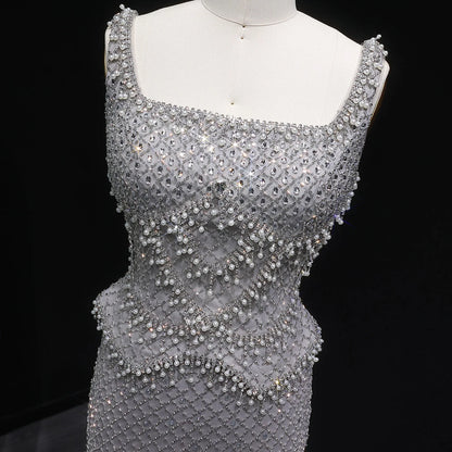 Champagne Gray Straight Evening Gown with Straps — Dubai Arabic Luxury Formal — Riviera Couture GCC Luxury Evening Gown