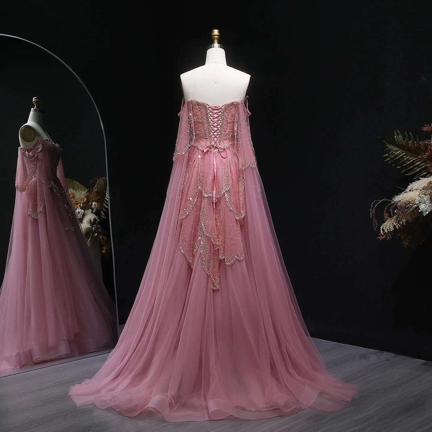 Burgundy Sage Green Sweetheart Evening Gown with Cape Sleeves — GCC Formal — Riviera Couture GCC Luxury Evening Gown