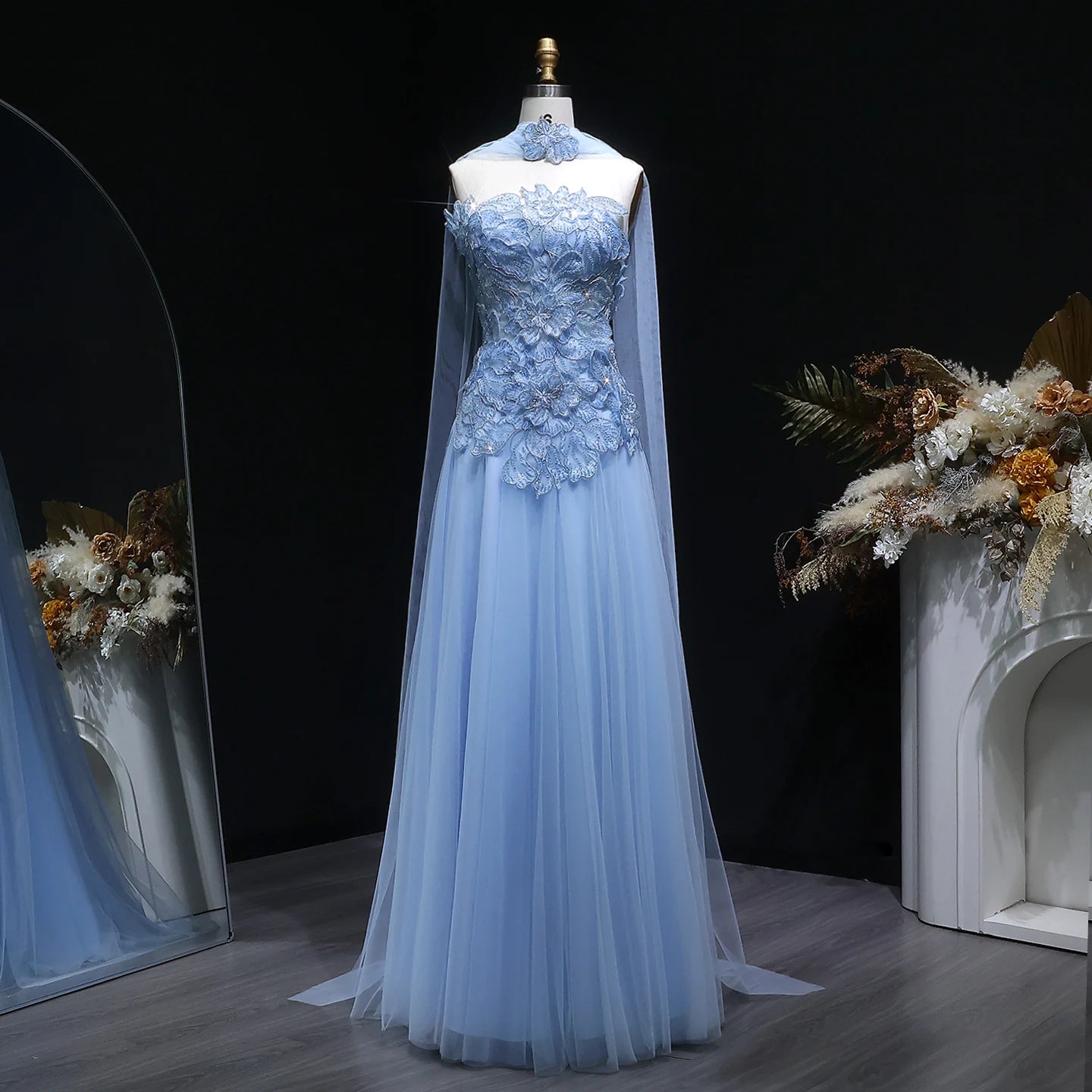A-Line Evening Gown with Scarf — Appliqué Beaded GCC Formal — Riviera Couture GCC Luxury Evening Gown