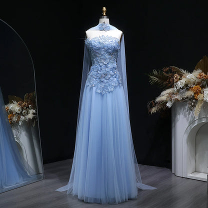 A-Line Evening Gown with Scarf — Appliqué Beaded GCC Formal — Riviera Couture GCC Luxury Evening Gown