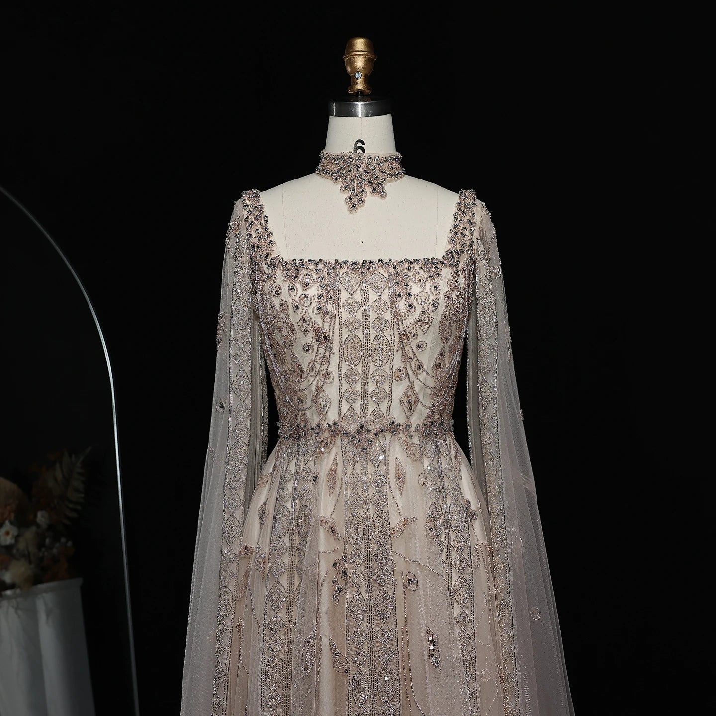 Blue Nude Arabic Evening Gown with Cape Sleeves and Wine Red Choker — Riviera Couture GCC Luxury Evening Gown