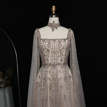 Blue Nude Arabic Evening Gown with Cape Sleeves and Wine Red Choker — Riviera Couture GCC Luxury Evening Gown