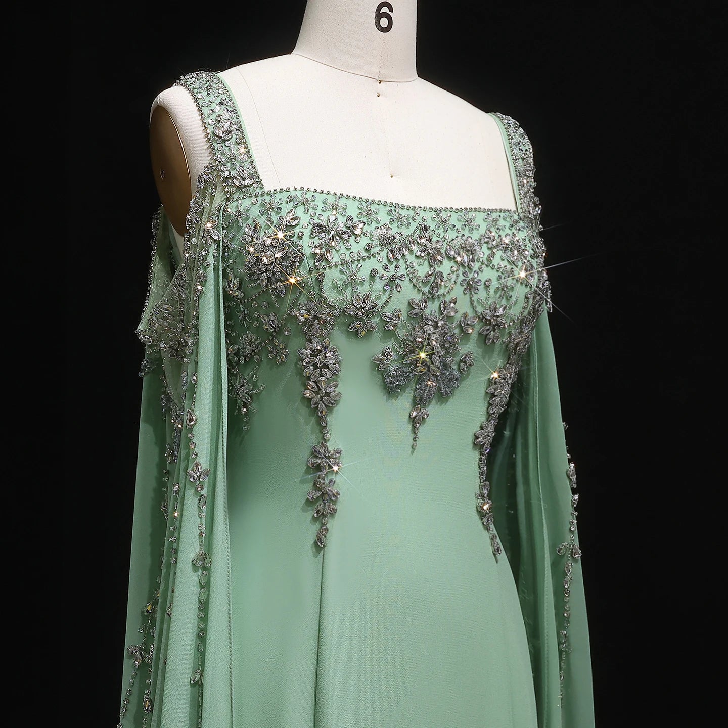 Blue Blue Crystal Evening Gown with Flowing Cape Sleeve — Arabic Luxury — Riviera Couture GCC Luxury Evening Gown