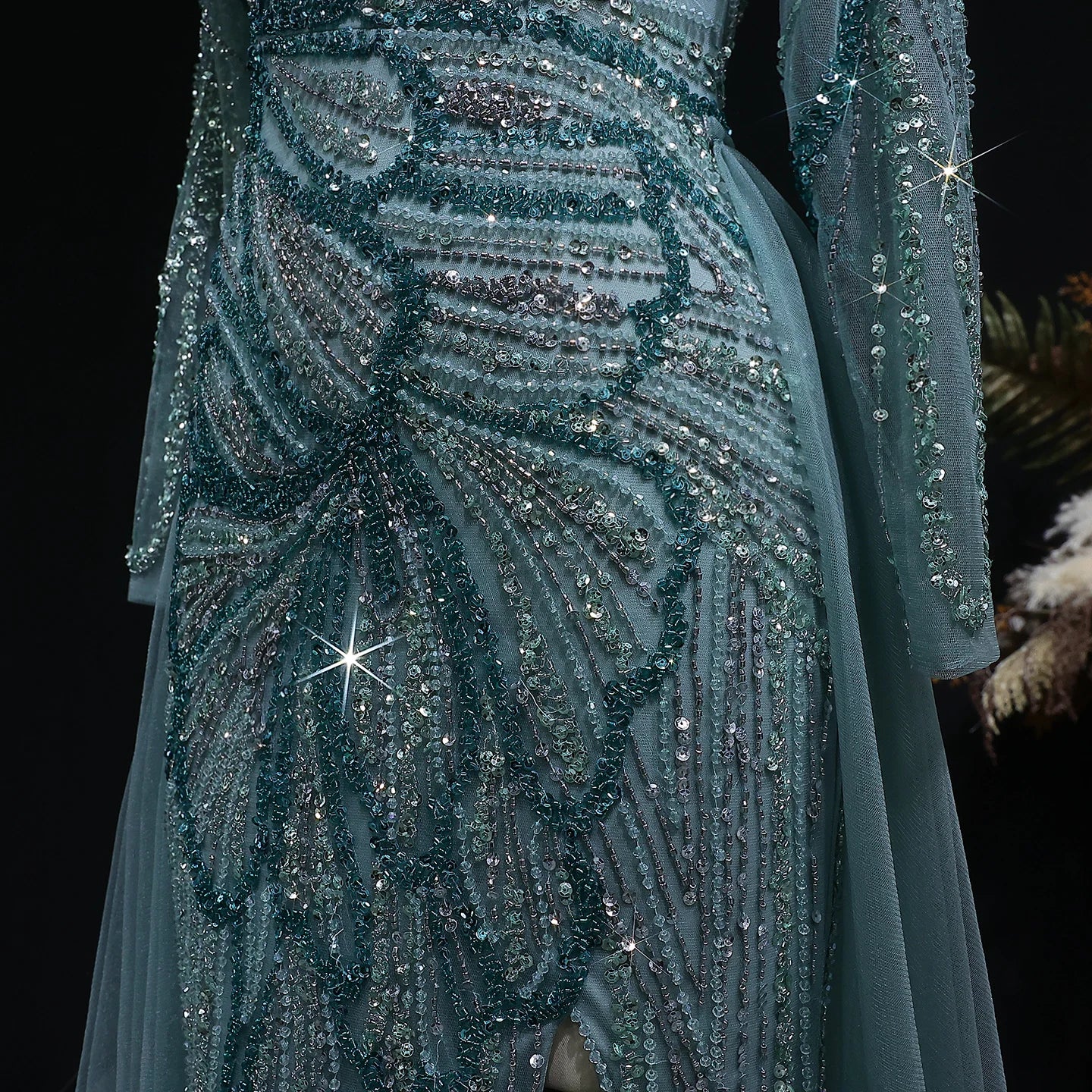 Green Beaded Long Sleeve Evening Gown with Overskirt and Side Slit — Riviera Couture GCC Luxury Evening Gown