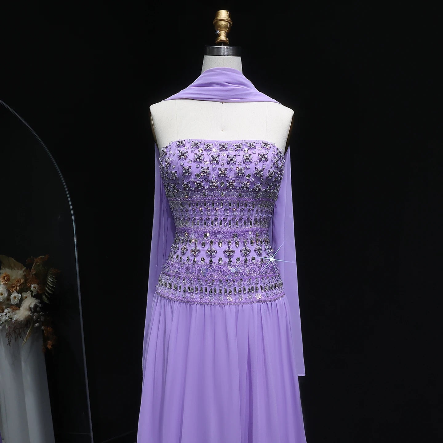 Turquoise Lilac Beaded Strapless Evening Gown with Flowing Chiffon Skirt — Riviera Couture GCC Luxury Evening Gown