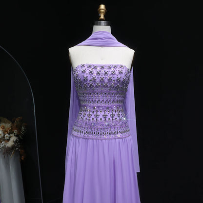Turquoise Lilac Beaded Strapless Evening Gown with Flowing Chiffon Skirt — Riviera Couture GCC Luxury Evening Gown