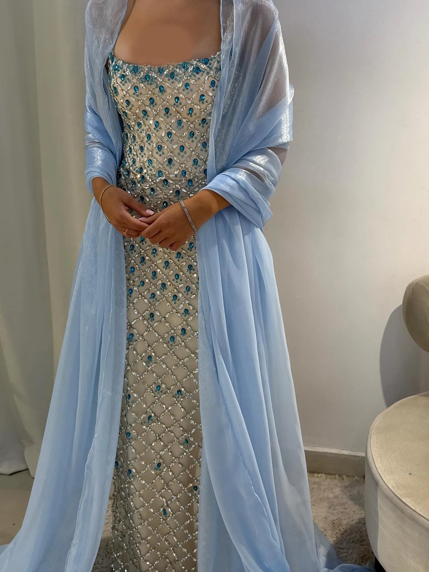 Beaded Crystal Evening Gown with Cape — Luxury GCC Formal 2026 — Riviera Couture GCC Luxury Evening Gown