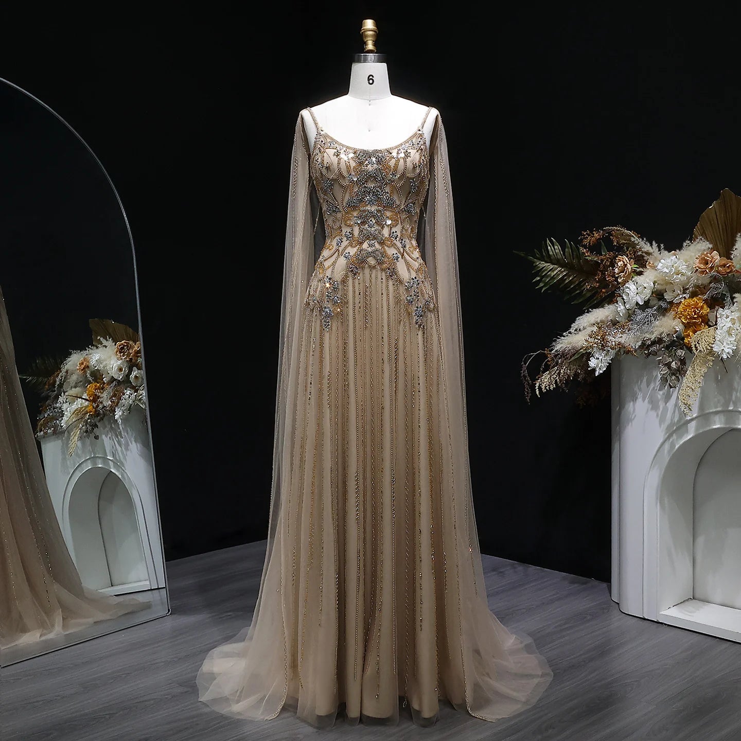 Crystal Beaded Evening Gown with Cape — Luxury GCC Wedding Formal — Riviera Couture GCC Luxury Evening Gown