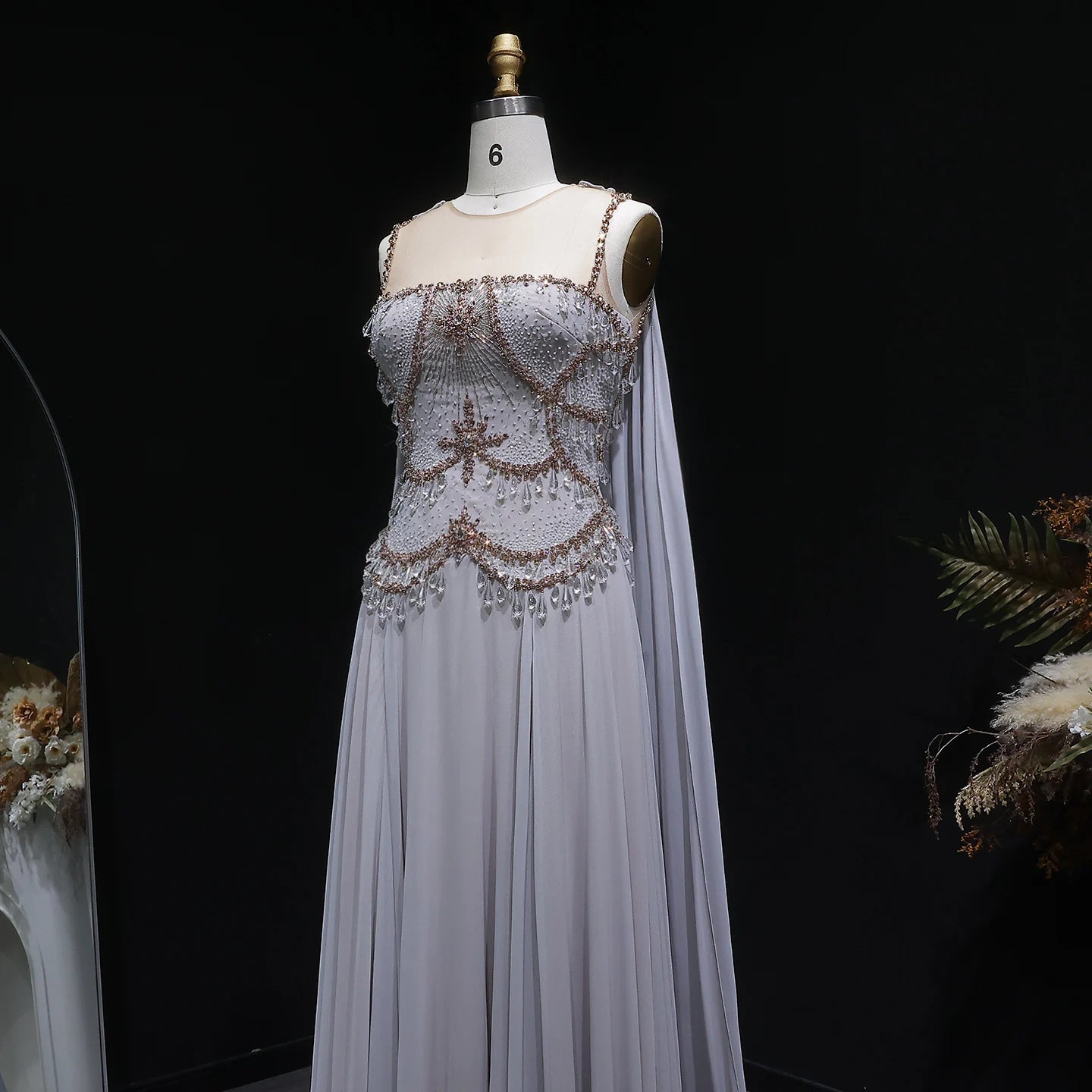 Blush Pink Silver Gold Cape Sleeve Evening Gown — Crystal Beaded Blush Pink — Riviera Couture GCC Luxury Evening Gown