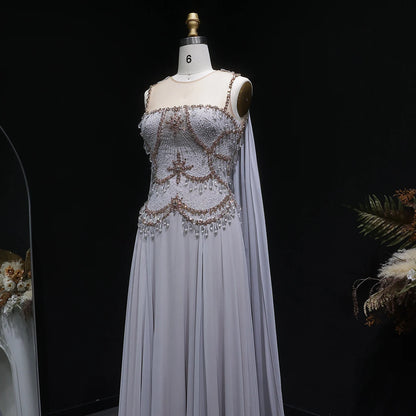 Blush Pink Silver Gold Cape Sleeve Evening Gown — Crystal Beaded Blush Pink — Riviera Couture GCC Luxury Evening Gown