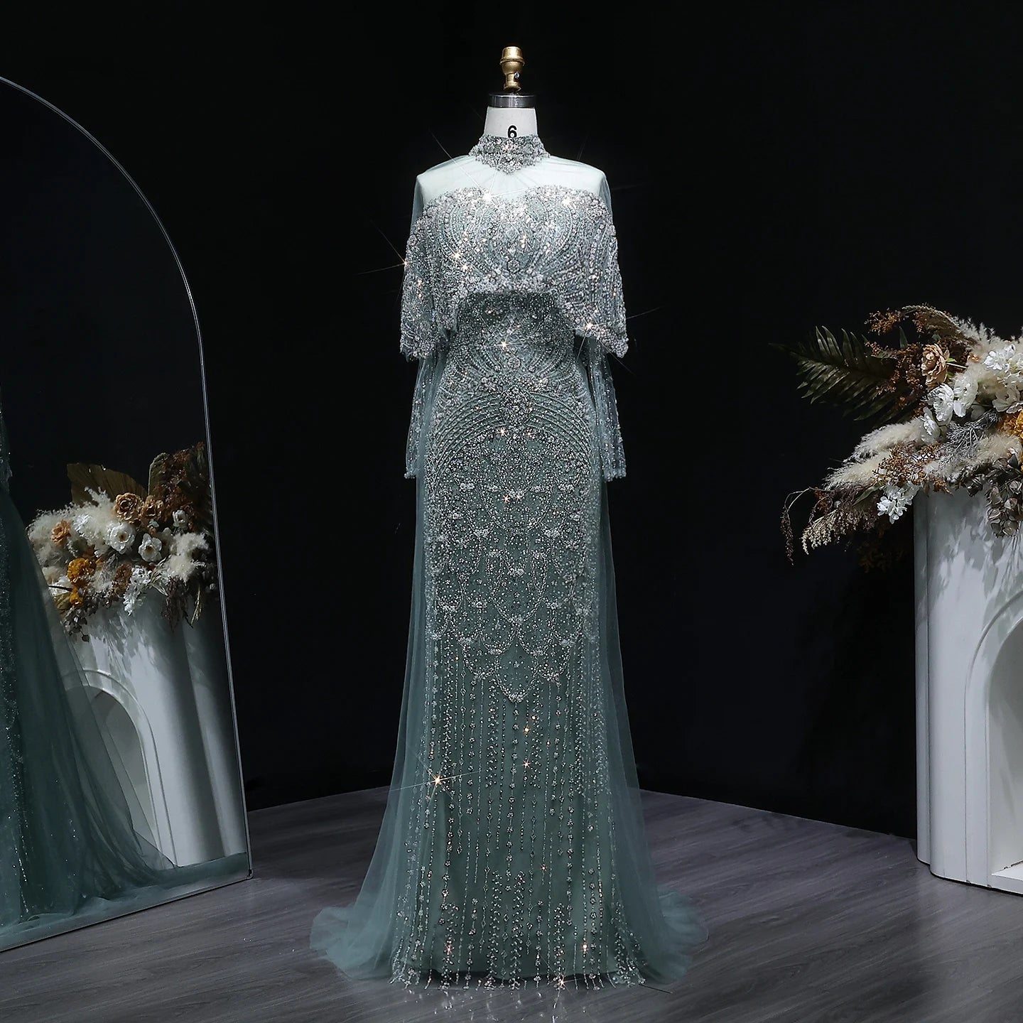 Champagne Gray Dubai Evening Gown with Cape — Long Sleeve Detachable Overskirt — Riviera Couture GCC Luxury Evening Gown