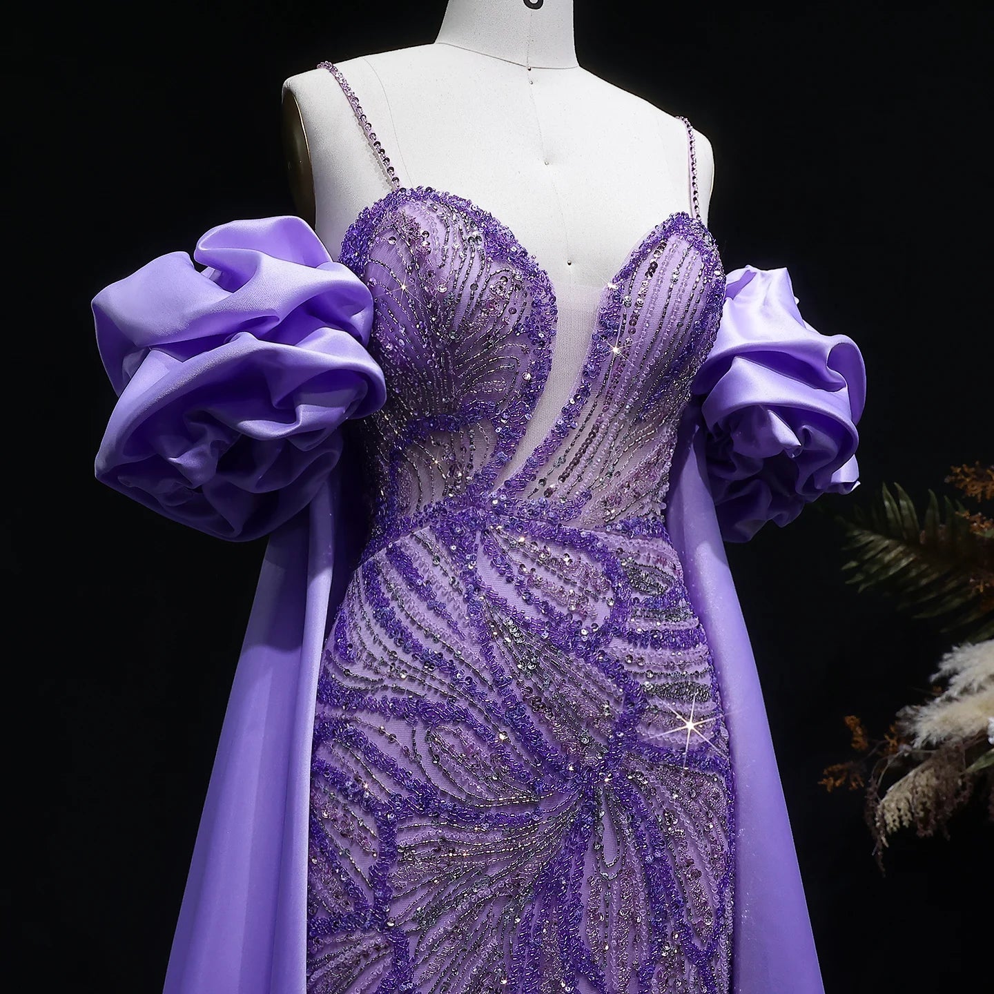 Green Off-Shoulder Cape Ruffle Evening Gown — Beaded Luxury GCC Formal — Riviera Couture GCC Luxury Evening Gown