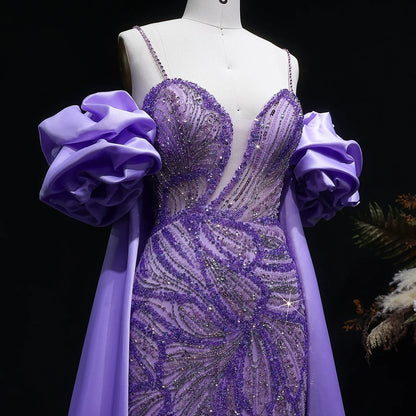Green Off-Shoulder Cape Ruffle Evening Gown — Beaded Luxury GCC Formal — Riviera Couture GCC Luxury Evening Gown