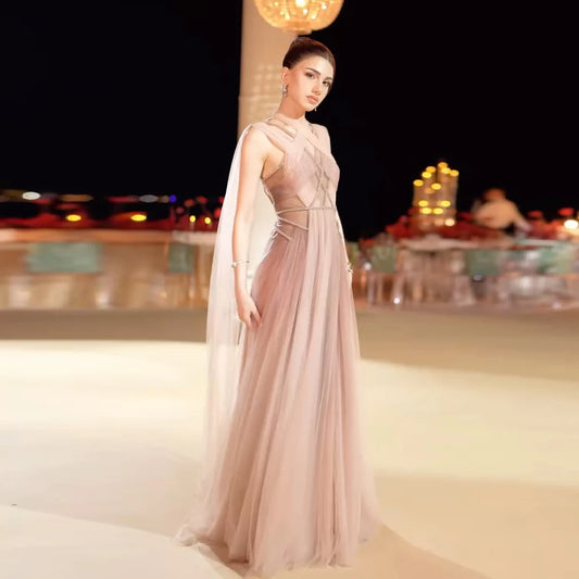 Ombre Pink Ombré Pink Cape Sleeve Evening Gown — Criss-Cross Halter Backless — Riviera Couture GCC Luxury Evening Gown