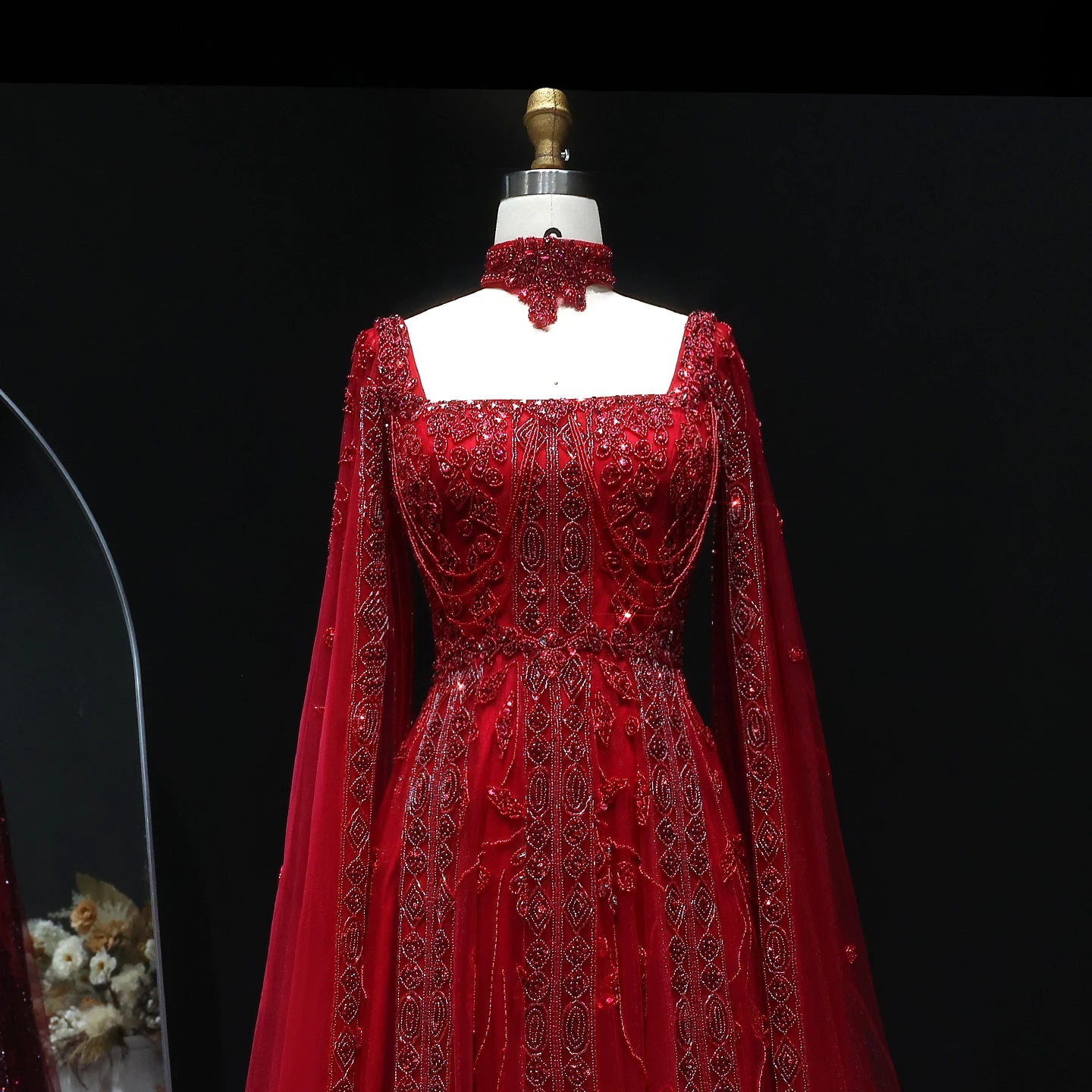 Pink Nude Arabic Evening Gown with Cape Sleeves and Wine Red Choker — Riviera Couture GCC Luxury Evening Gown