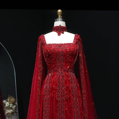 Pink Nude Arabic Evening Gown with Cape Sleeves and Wine Red Choker — Riviera Couture GCC Luxury Evening Gown