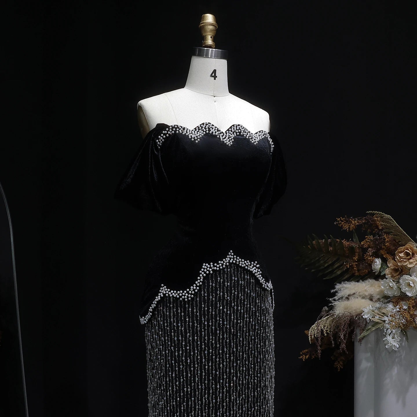 Black Black Beaded Off-Shoulder Evening Gown with Slit — Arabic Luxury — Riviera Couture GCC Luxury Evening Gown