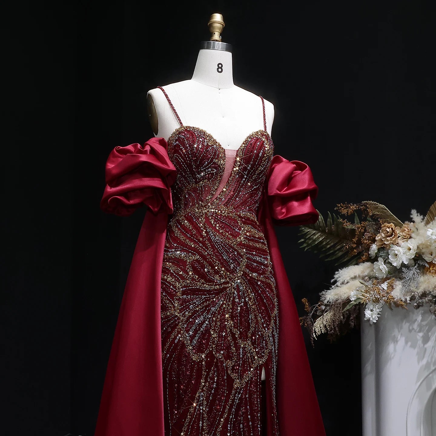 Wine Red Off-Shoulder Cape Ruffle Evening Gown — Beaded Luxury GCC Formal — Riviera Couture GCC Luxury Evening Gown