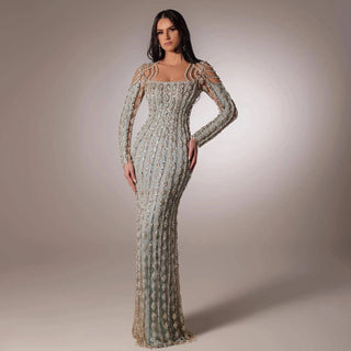 Long Sleeve Crystal Mermaid Gown - Riviera Couture