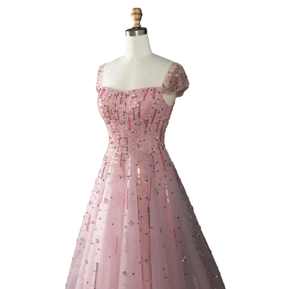 Pink Pink Off-Shoulder A-Line Evening Gown — Luxury Beaded Arabic GCC — Riviera Couture GCC Luxury Evening Gown