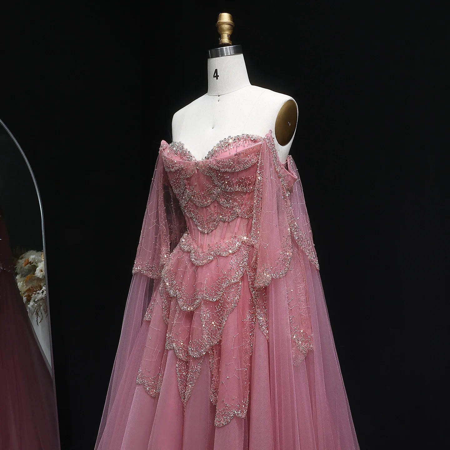 Burgundy Sage Green Sweetheart Evening Gown with Cape Sleeves — GCC Formal — Riviera Couture GCC Luxury Evening Gown