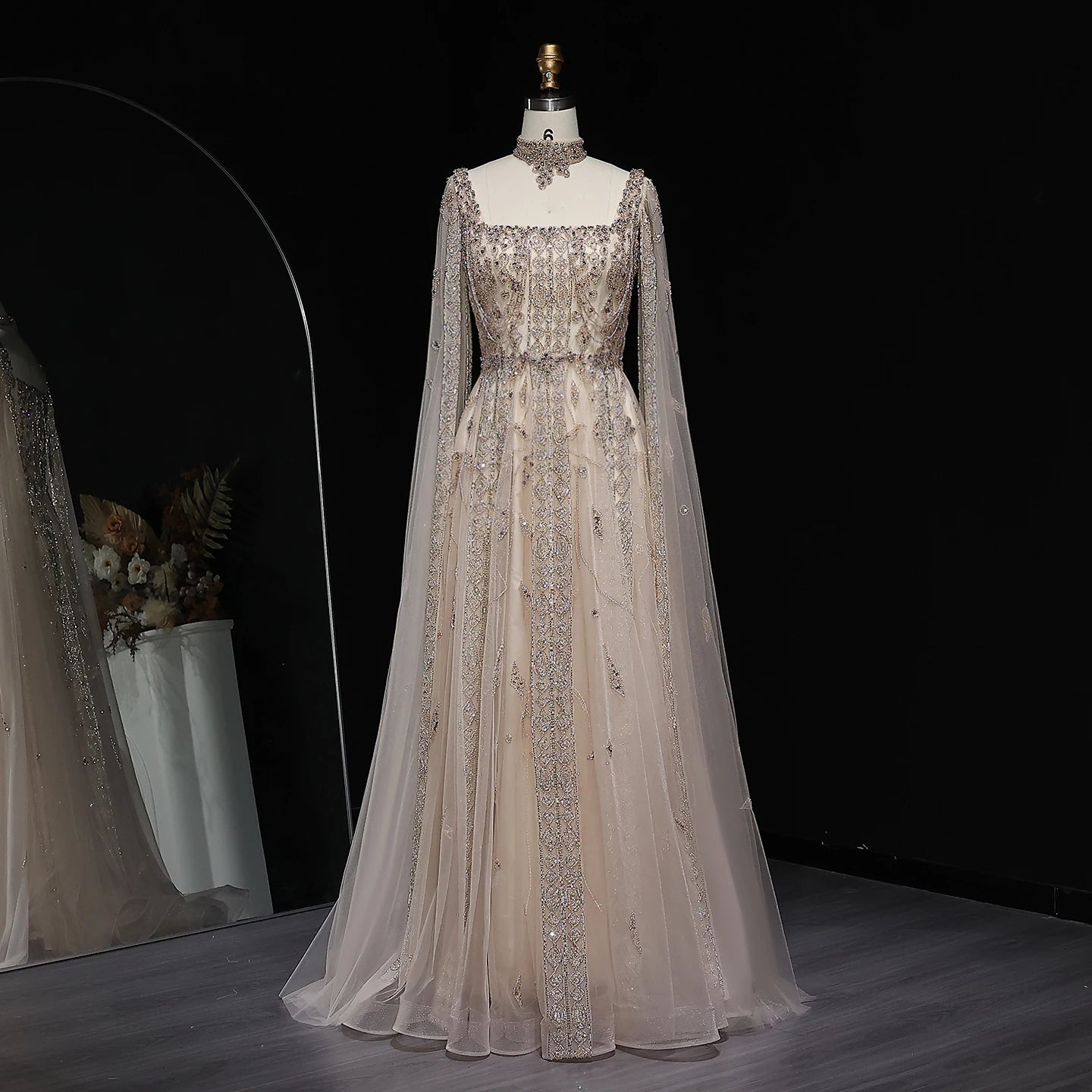 Blue Nude Arabic Evening Gown with Cape Sleeves and Wine Red Choker — Riviera Couture GCC Luxury Evening Gown