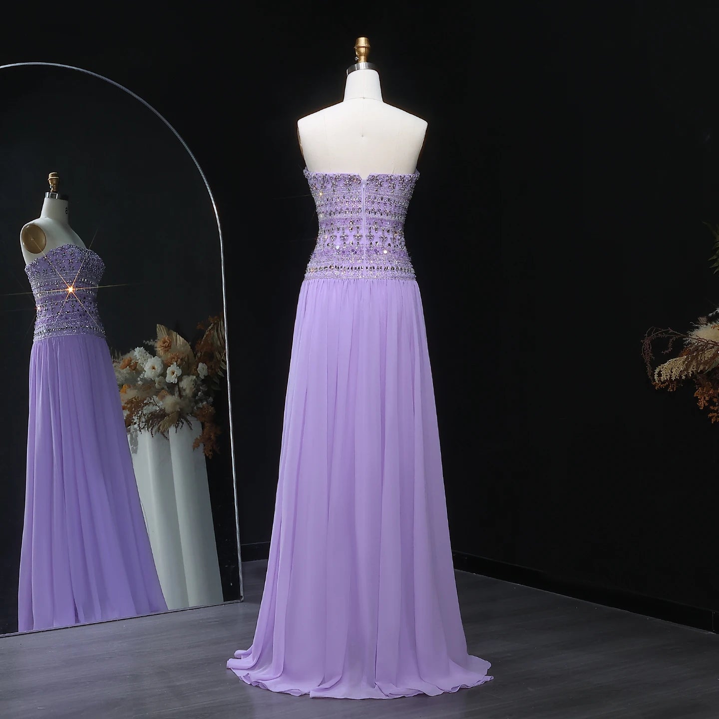 Green Long Sleeves Lilac Beaded Strapless Evening Gown with Flowing Chiffon Skirt — Riviera Couture GCC Luxury Evening Gown