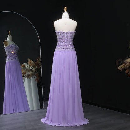Green Long Sleeves Lilac Beaded Strapless Evening Gown with Flowing Chiffon Skirt — Riviera Couture GCC Luxury Evening Gown