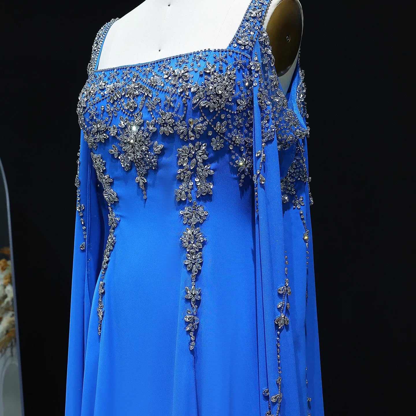 Yellow Blue Crystal Evening Gown with Flowing Cape Sleeve — Arabic Luxury — Riviera Couture GCC Luxury Evening Gown