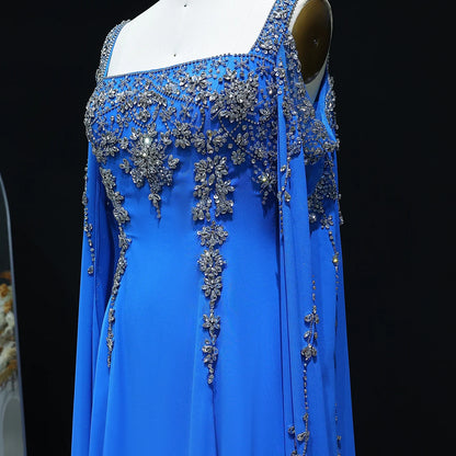 Yellow Blue Crystal Evening Gown with Flowing Cape Sleeve — Arabic Luxury — Riviera Couture GCC Luxury Evening Gown