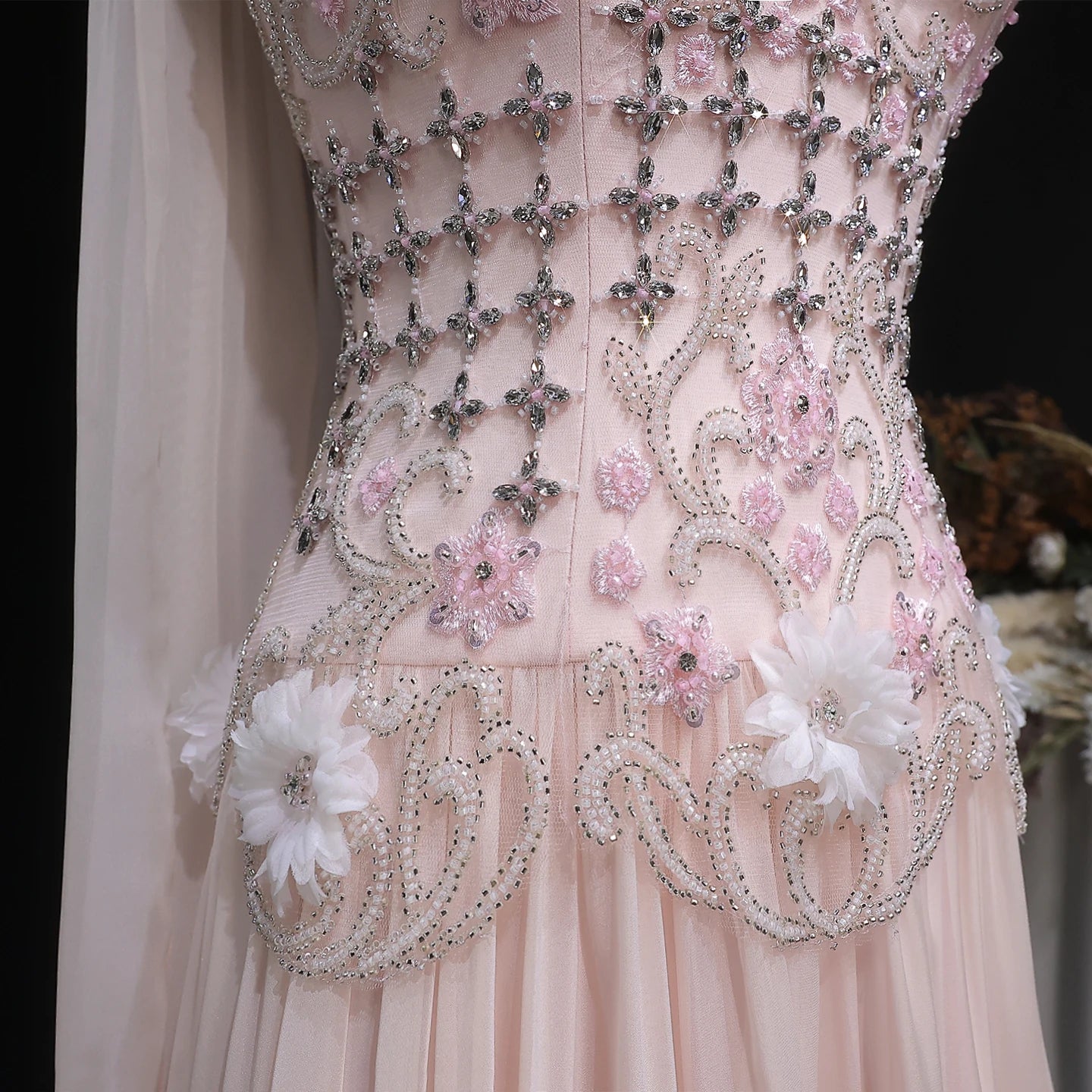 Blush Pink One-Shoulder A-Line Evening Gown with Cape — 3D Flowers Crystal — Riviera Couture GCC Luxury Evening Gown
