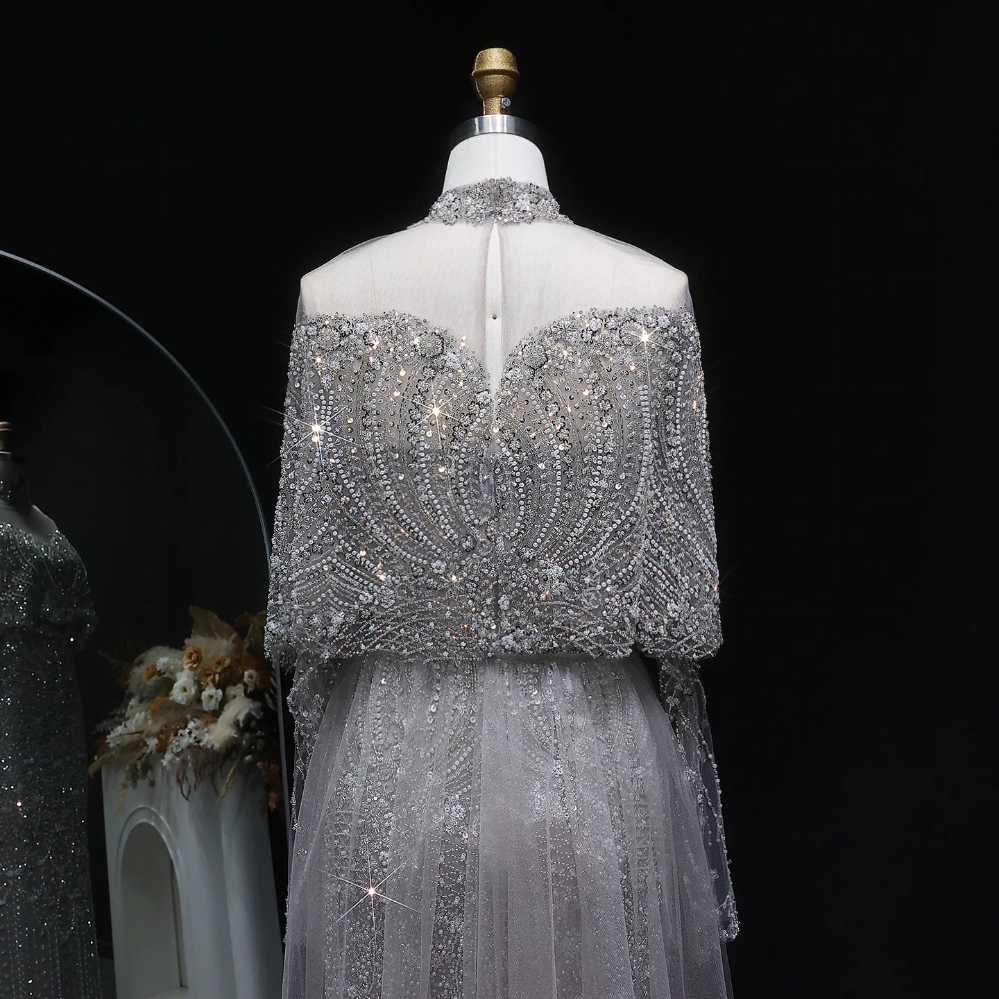 Gray Gray Dubai Evening Gown with Cape — Long Sleeve Detachable Overskirt — Riviera Couture GCC Luxury Evening Gown