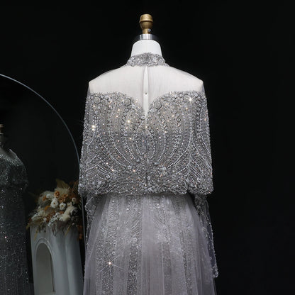 Gray Gray Dubai Evening Gown with Cape — Long Sleeve Detachable Overskirt — Riviera Couture GCC Luxury Evening Gown