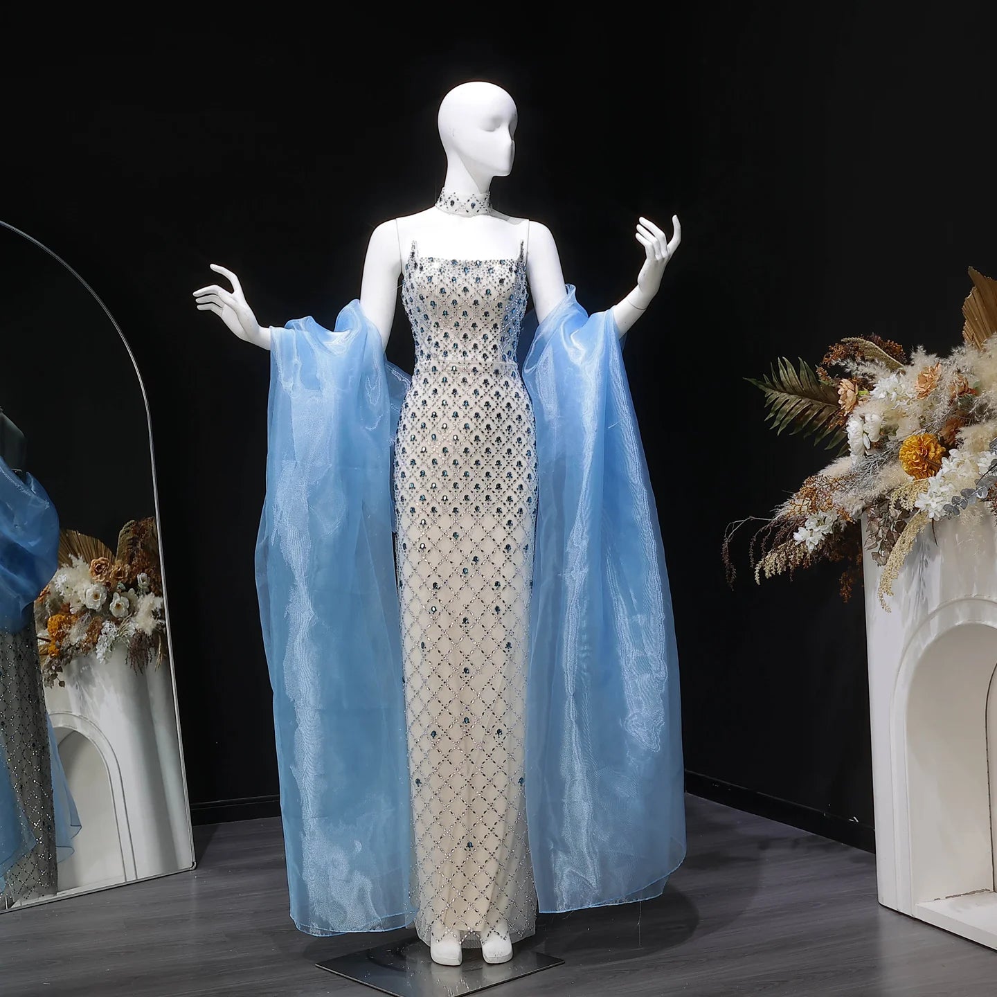 Beaded Crystal Evening Gown with Cape — Luxury GCC Formal 2026 — Riviera Couture GCC Luxury Evening Gown