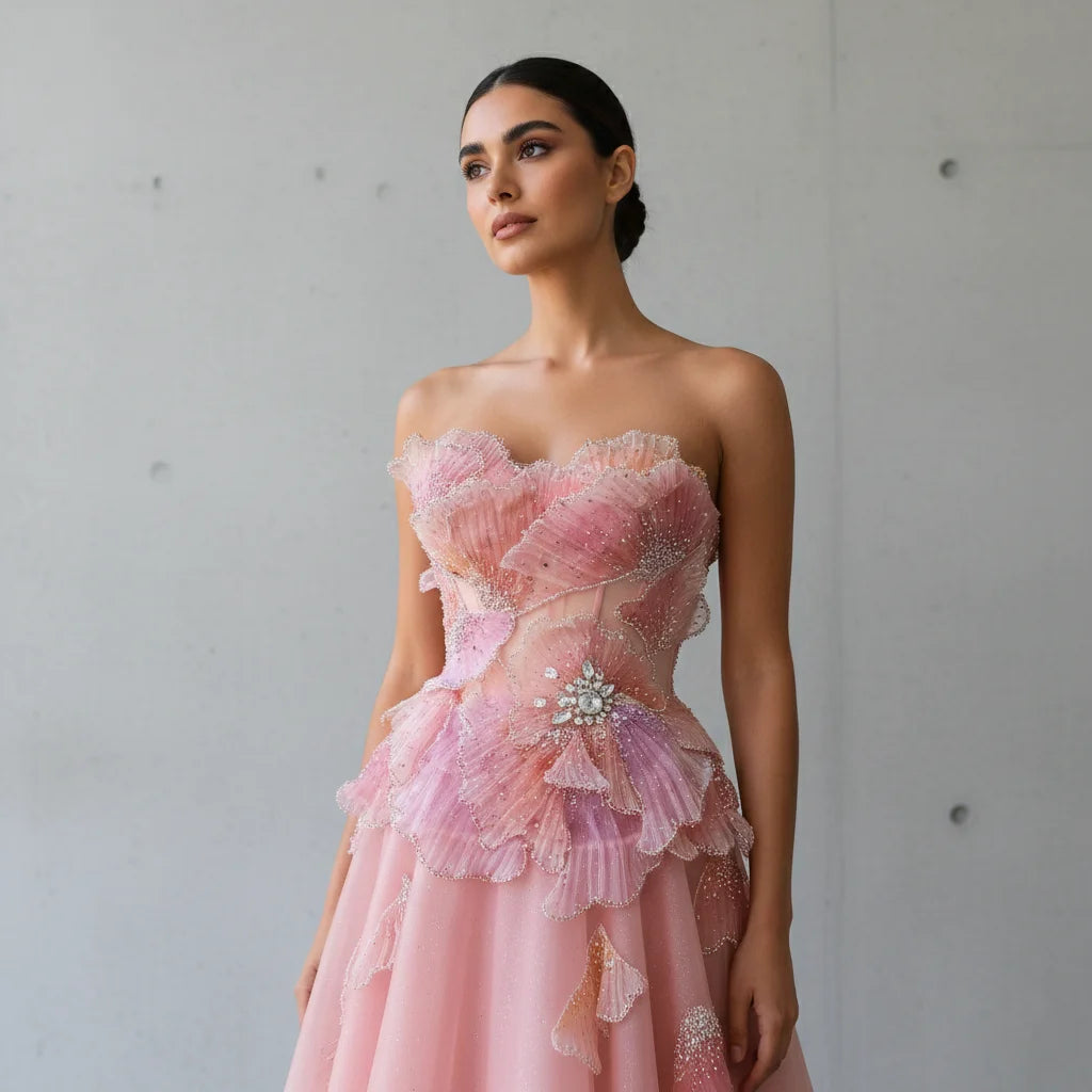 Pink Pink Strapless A-Line Evening Gown — 3D Flowers Crystal Beaded — Riviera Couture GCC Luxury Evening Gown