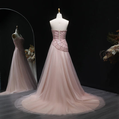 Pink Pink Strapless A-Line Evening Gown — Luxury Beaded Arabic GCC — Riviera Couture GCC Luxury Evening Gown