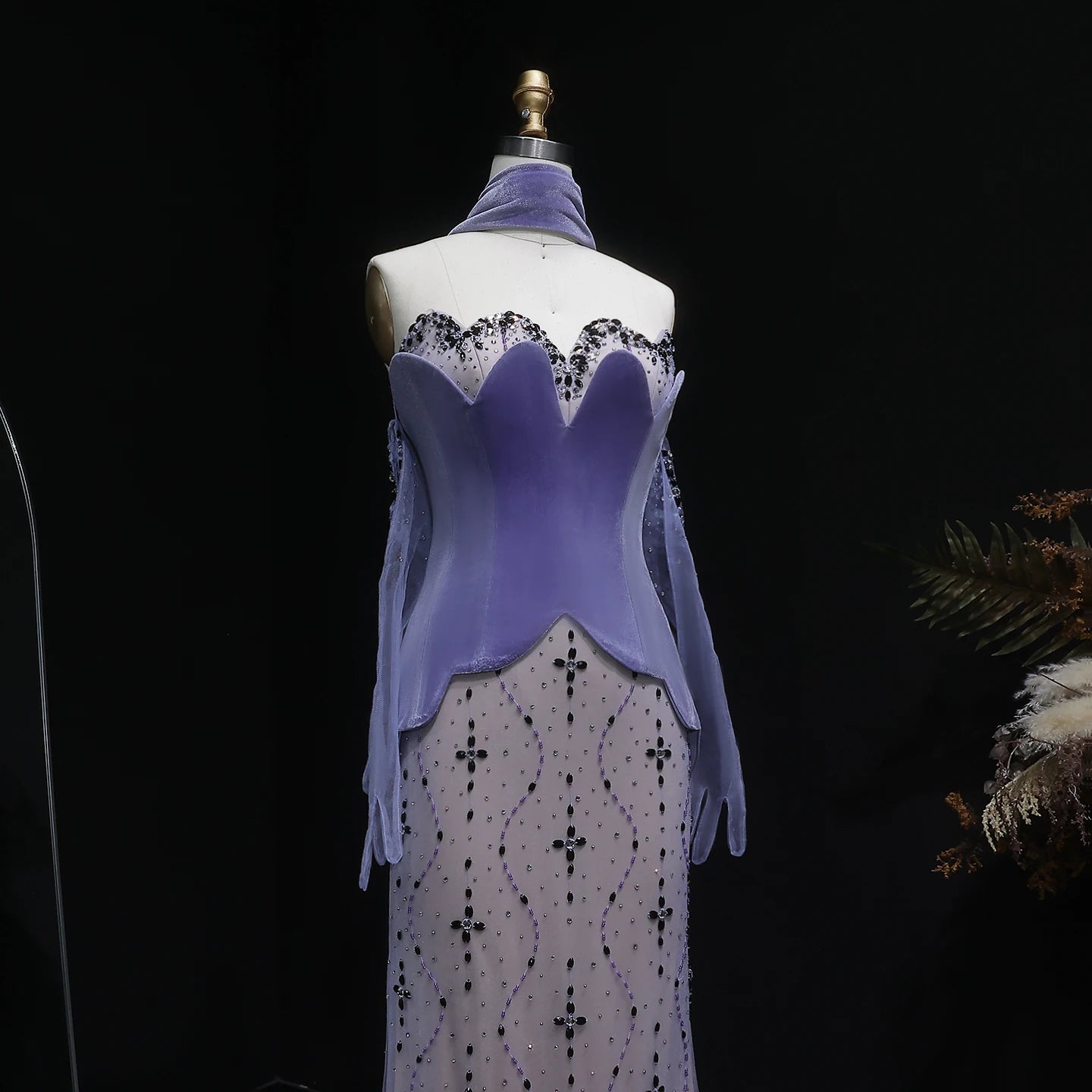 Purple Velvet Two-Piece Mermaid Evening Gown with Gloves and Scarf — Riviera Couture GCC Luxury Evening Gown