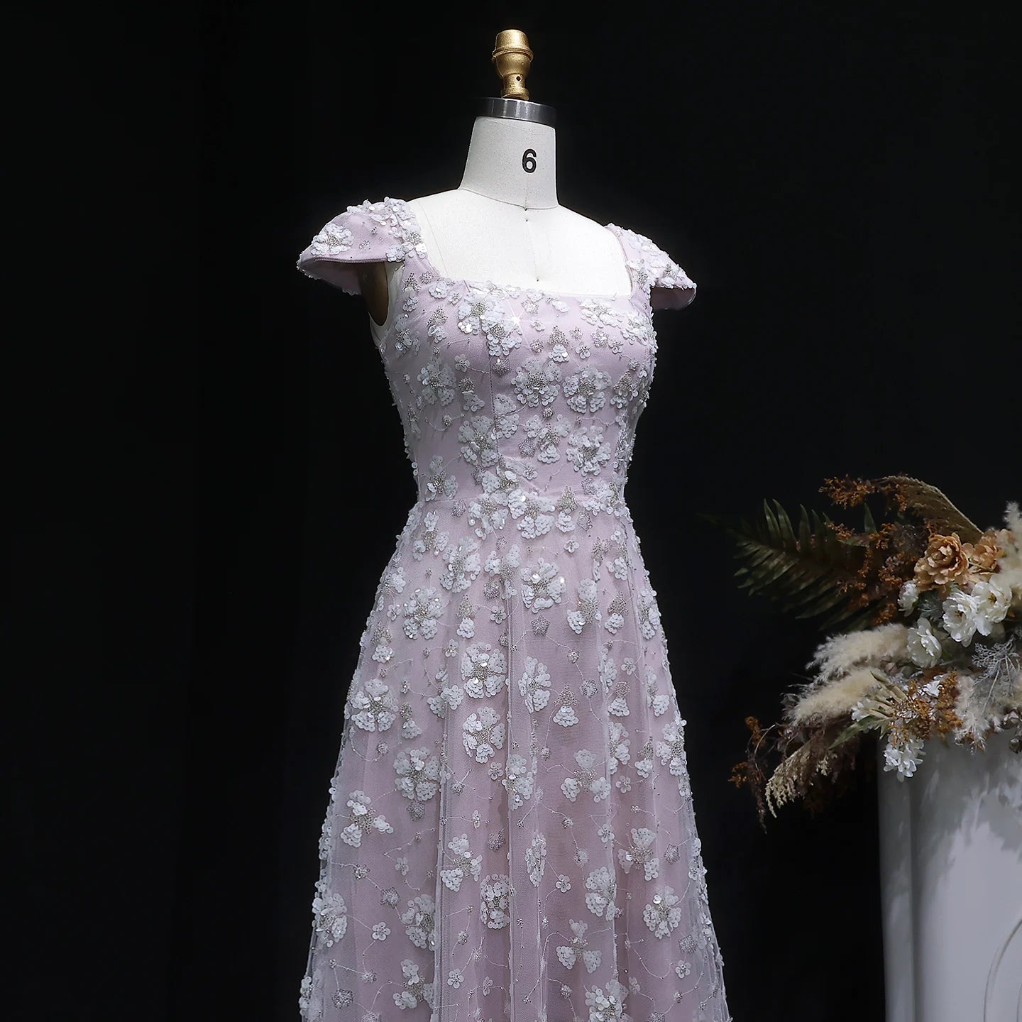 Pink Floral A-Line Evening Gown — Square Neck Beaded Flowers GCC — Riviera Couture GCC Luxury Evening Gown